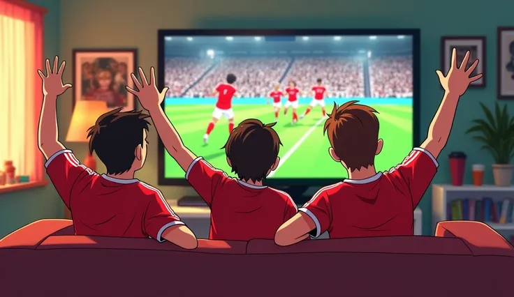 Create a realistic cartoon-style image in the charming, whimsical style of disney anime, featuring a group of Polish national football team fans viewed from behind as they sit on a cozy couch in a typical fans living room. They are all dressed in matching ...