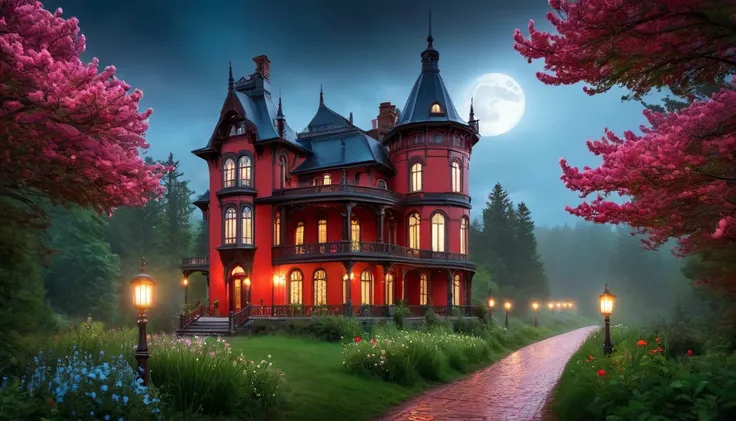 a mystical hdr scene:  ((gigantic victorian house in gothic style)) in front of this house is a beautiful woman seen from behind...