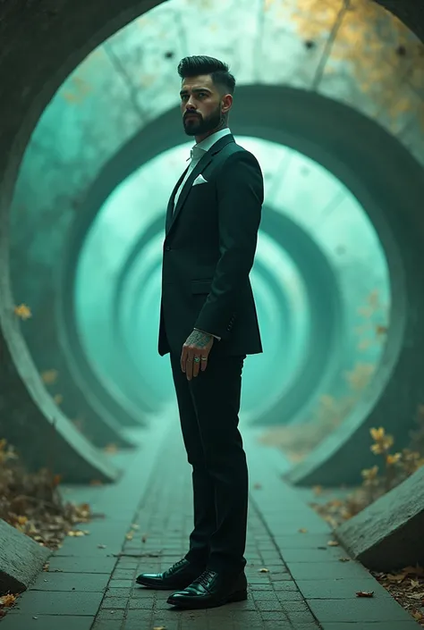 Vivid hyper realistic, Side view a white man with black short stylish mid fade hair , blue eyes, tattoos, rings on his hands, beard, wearing a suit shirt, pants, shoes, stands through a space where the ground spirals infinitely upward, creating a never-end...