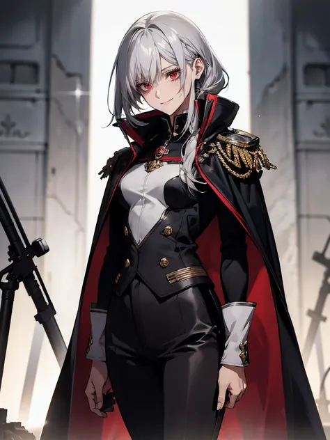 (Confused, High resolution, Very detailed), 1 female, Silver Hair,Shortcuts,Bright red eyes,White and black military uniform,24th generation,beauty,mature,thin,quiet,Calm,A small smile,A kind smile,A shy smile,In front of people you like,Long Cape,Slender ...