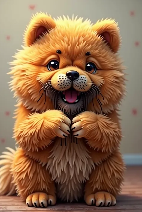 chow chow with wet beard making heart with paws
