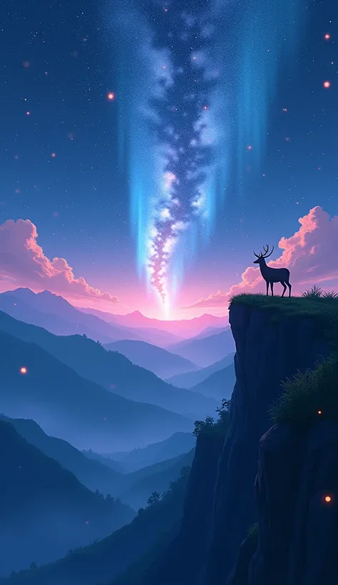 An digital anime inspiration of breathtaking nighttime scene where a lone deer stands on the edge of a lush, green cliff, gazing up at a vast, star-filled sky and looking at aurora. The sky is a deep, sprinkled with countless of white stars and a few soft ...