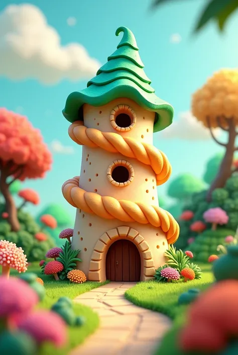 3D cartoon of a green roofed conch shell tower with colorful trees and flowers