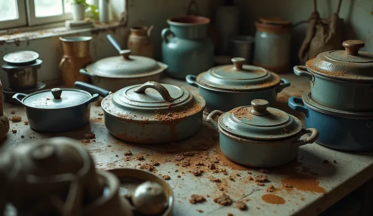 Photograph of a kitchen with very dirty pots