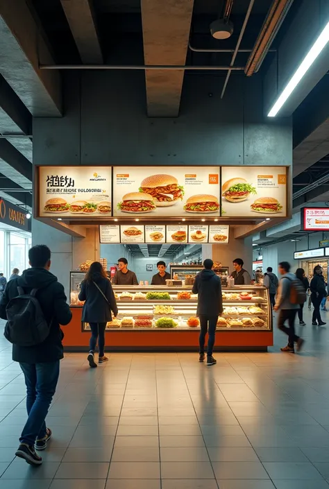 Generate an image of a SUBWAY sandwich outlet situated in a subway made for peoples commute. Show me a wide angle of the subway made for commute.
