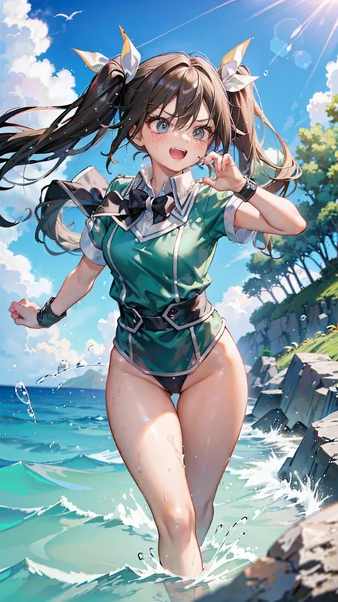 DRAGON BALL,kamehame_wave,kamehameha_kamehame_ha,tone,/(kantai_collection/),(((Having fun splashing around in the water at the beach))),in uniform,twintail_hair,closed_one_eye