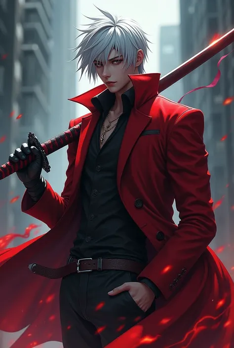 Make Dante from Devil May Cry and anime format with the Yamato katana, put the katana up on your shoulders 
