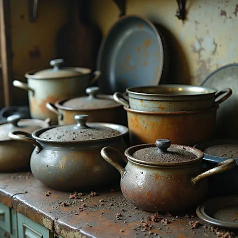 Photograph of a kitchen with very dirty pots