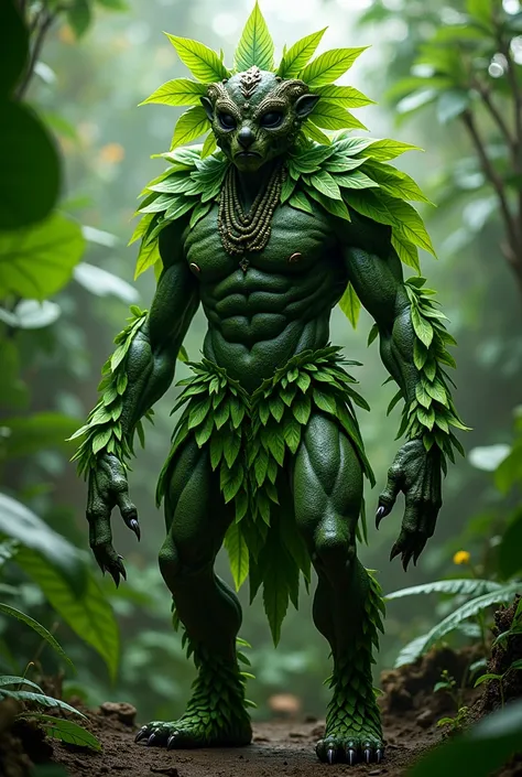 Chibamba is a humanoid of medium height with black eyes, bright sharp claws, and is covered in banana leaves and wears a tribal mask.