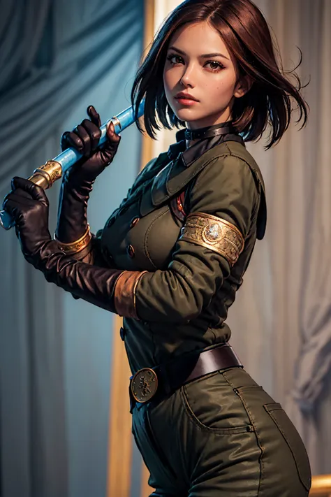 whipms, gloves uniform military, pants, belt, choker, MASTERPIECE, detailed face, whipkof, solo, looking at viewer, semi-realistic, half body, Brown medium hair, (with a blue whip), breasts, Dynamic pose, military background, Whip, The King of Fighters 