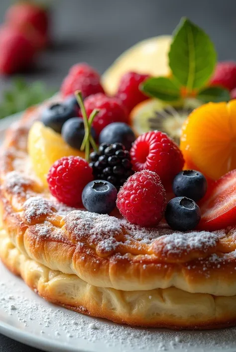 (photorealism:1.2) cute dessert with fruits is a pastry 