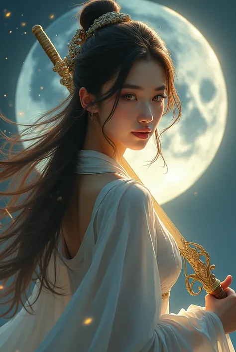 Make a beautiful chinese girl,hanfu style, moon circling at background,moon split on two part and broke,mix of chinese and europe face typical,xianxia protagonist,long brown hair, long brown hairs super detailed,golden amber eyes,golden eyes, golden pupil,...