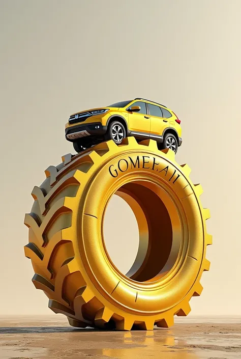 Gold 3D Big Truck Tire Saying Gomera JJ with CRV Car on Top of Tire Sticking Out  