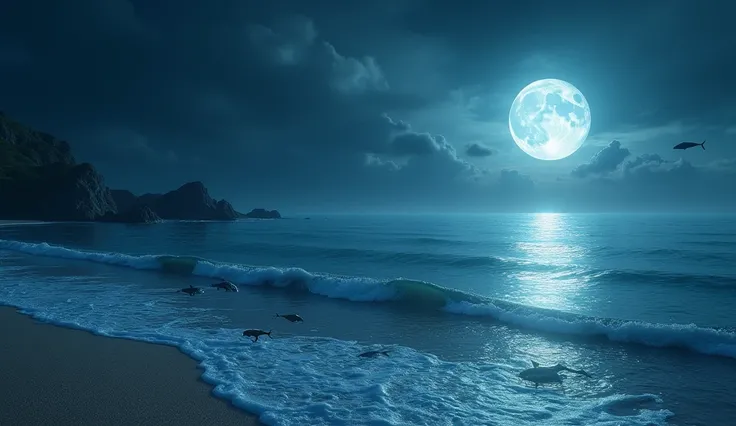 The moon sitting on the edge of the quiet sea, Calm ocean waves touching my feet. The moon smiles at its reflection on the water, Fish and other sea creatures frolic and swim around.