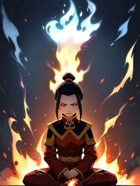 masterpiece, best quality, 1girl, azula with a slight smirk, fire nation clothes, azula (avatar the last airbender), solo, black...