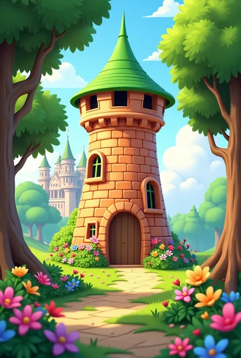 3D cartoon brick tower with green roof, trees, castle, and colorful small and big flowers growing at the base of the tower.