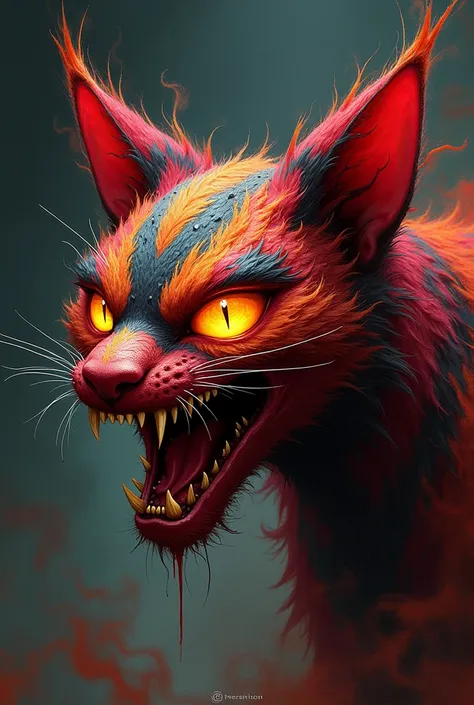 Make me a cat-like alebrije that represents anger and sadness 