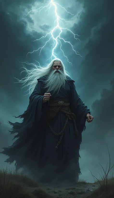 Angry saint having white beard and black cloud and thunderstrom