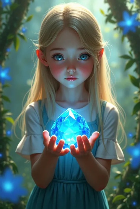 Blonde girl holding a shiny blue stone