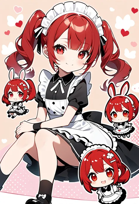   (Super Chibi Style:1.3)girl sitting with rabbit、The girl has red hair in twin tails.、Cute maid hair accessory、Cute Face、Red eyes、smile、She&#39;s wearing a cute frilly maid outfit.、A cute fluffy white rabbit、The girl and the rabbit sit next to each other、...