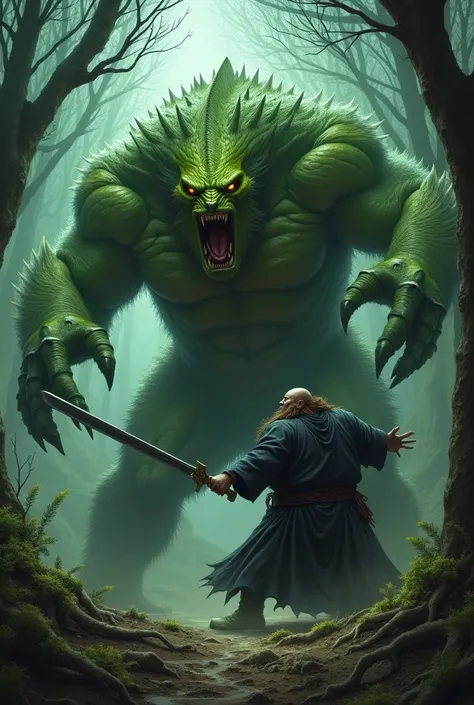 Green colour big monster attack the horrible fat man in black dresses with sword in the forest