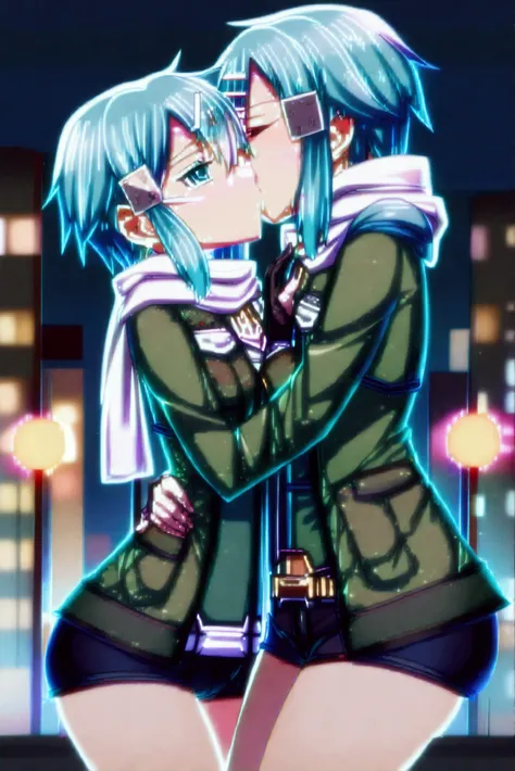 sinonggo, aqua eyes, short hair, aqua hair, sidelocks, hair between eyes, hairclip, hair ornament, green jacket, leotard, scarf, black shorts, gloves, long sleeves, medium breasts,(Anime style, 2+girls, ((((((kissing and feeling intensely)))))). View from ...