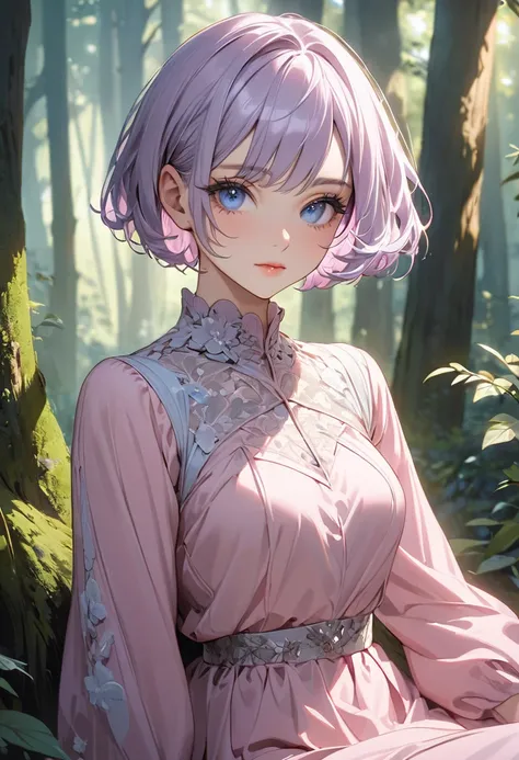 ((best quality)), ((Masterpiece)), (details), Young woman, alone, ( light purple hair, blue eyes, ((short hair)) , beautiful face, Beautiful skin, Long eyelashes, Thick eyelashes)  , sitting diagonally,distinctive style, Pink long sleeve dress, In the fore...