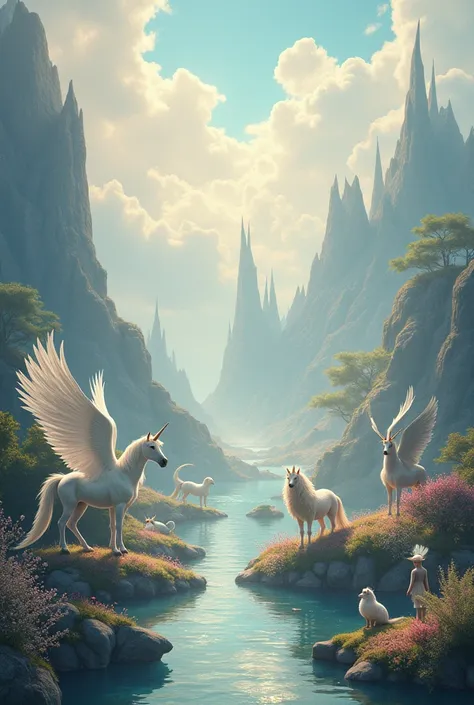 A fantasy landscape, with mythological animals, where light colors predominate 
