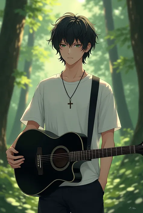 Young man with medium black hair wearing a white t-shirt with black pants with a cross on his neck holding a black guitar in a forest