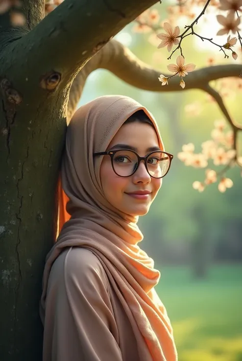 Young mother in hijab, beautiful, bespectacled, standing near a beautiful tree