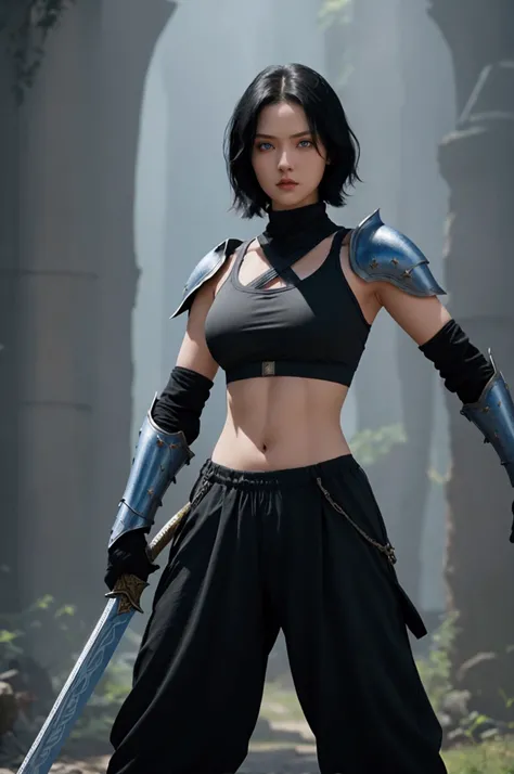 1girl, short black hair, blue eyes, holding giant sword, high fantasy background, wearing sports bra armor, wearing ninja pants, absurdres, high res, ultrasharp, 8K, masterpiece, looking at viewer