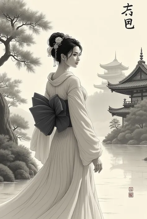 kimono、woman、Black and White、landscape、smile、Ink painting style、Kashima Shrine、Big Breasts
