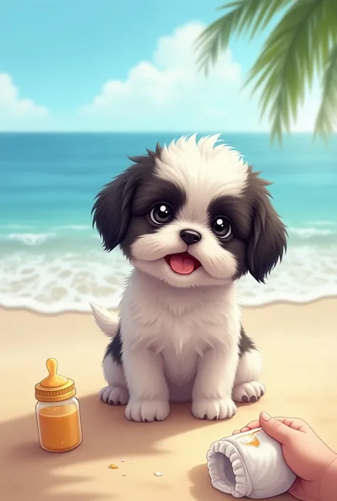 Baby female shih tzu with white and black coat. feeding bottle, Nappy, beachfront, smiling  
