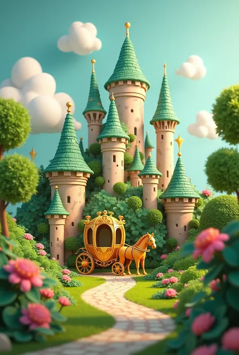 3D cartoon with many castles with green roofs, trees, and colorful flowers growing around the castle. There is a golden horse carriage.