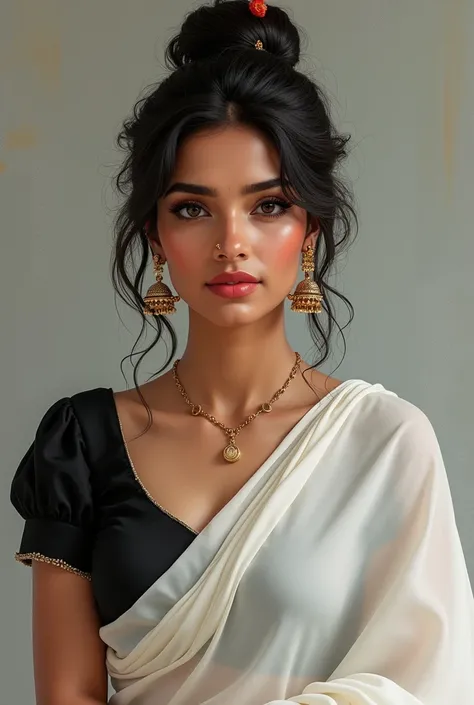 Self portrait White georget saree with black v neck sleeveless blouse golden jhumkas ,Marathi nath in nose ,and juda with gajra in dark complexion 