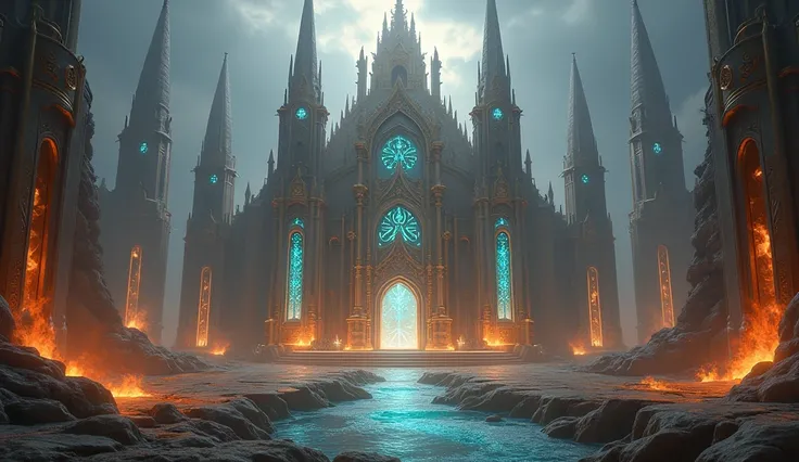 fantasy art, an epic ancient temple, with towers, holy symbols, glass artwork, pillars of fire, stream of water, symmetric design 