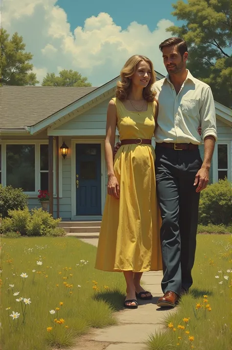 ((best quality)), ((masterpiece)), (detailed), husband and wife, father and mother are outside the house. set in the 1960s