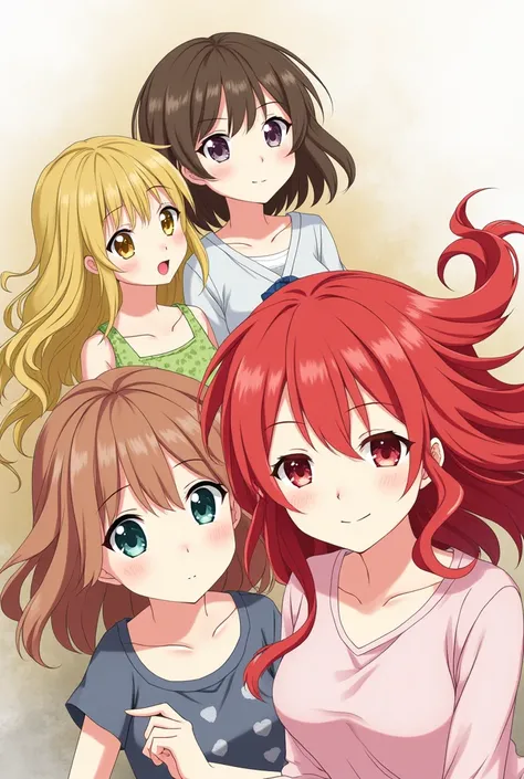 Create me four anime girls. One girl has long been, Curly hairs. The other girl has short straight, dark brown hair. The other girl has long red wavy hair and the other girl has short light brown wavy hair