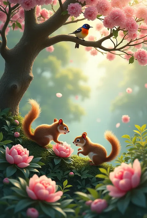 In the peony tree there are two squirrels and two birds.