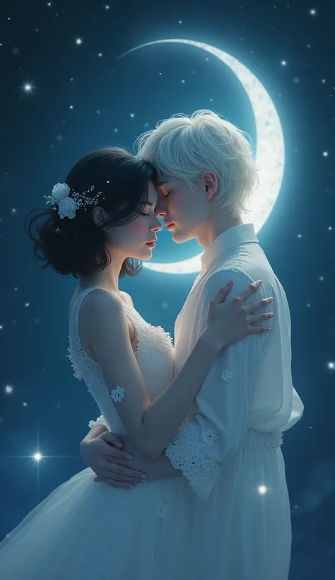 A night girl with short wavy hair, with a moon boy 