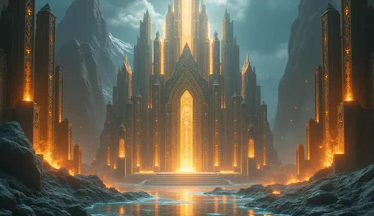 fantasy art, an epic ancient temple of god of light, with towers, holy symbols, glass artwork, pillars of fire, stream of water, symmetric design 