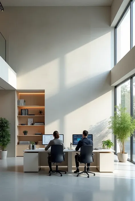 an architecture office made with microcement with 3 workstations and 2 architects working on a PC