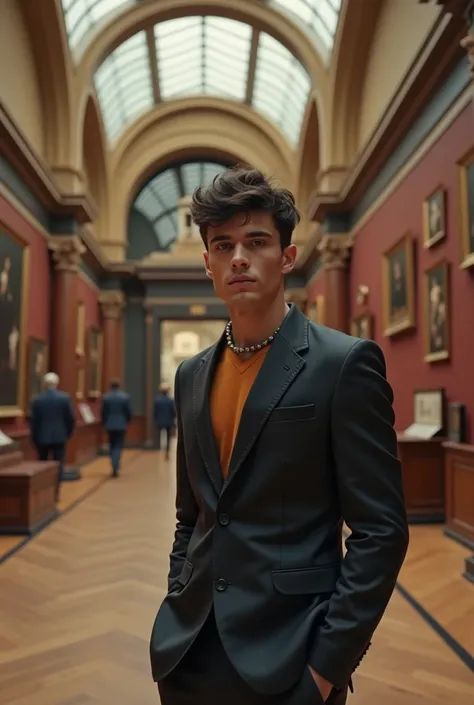 A medium shot of a charismatic a beautiful young men influencer, 2, with black short hair, captured in a London museum with differents poses. Profesional cinematography camera