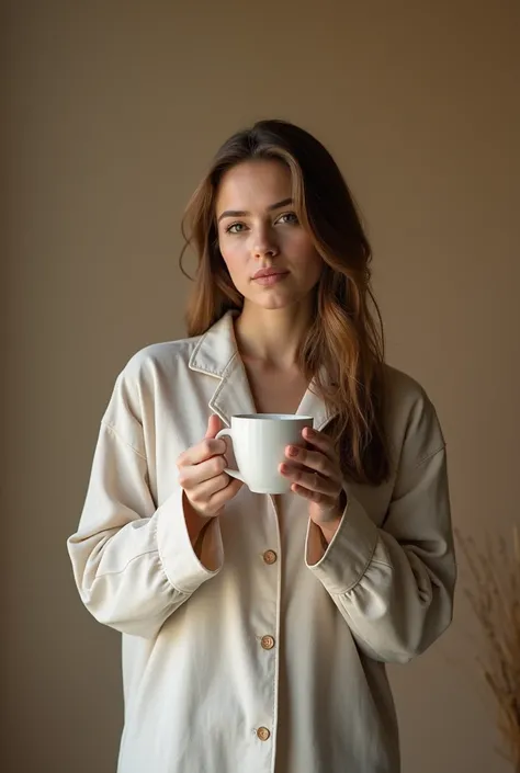 a woman in a photo studio, wearing pajamas and holding a mug