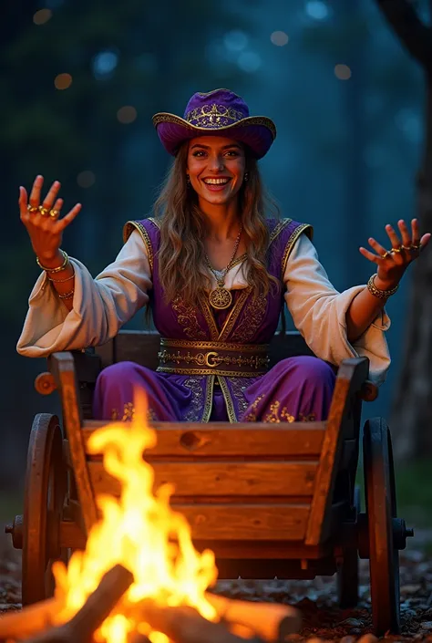 A sarcastic storyteller with long hair, with gold ornaments on their garments and rings, sitting in a cart with a big smile on his face, wearing medieval purple and white clothes and wearing a hat in front of a bonfire at night
