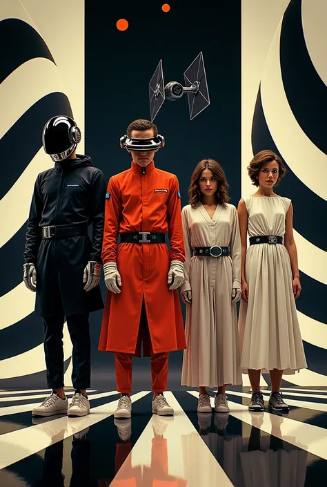 I want an advertising image of the members of Daft Punk with Adidas tennis shoes and Anakin dresses on the left side and Obi-Wan on the right side. , next to a TIE fighter on the right side, Add a Swiss modernism style background with abstract geometric sp...