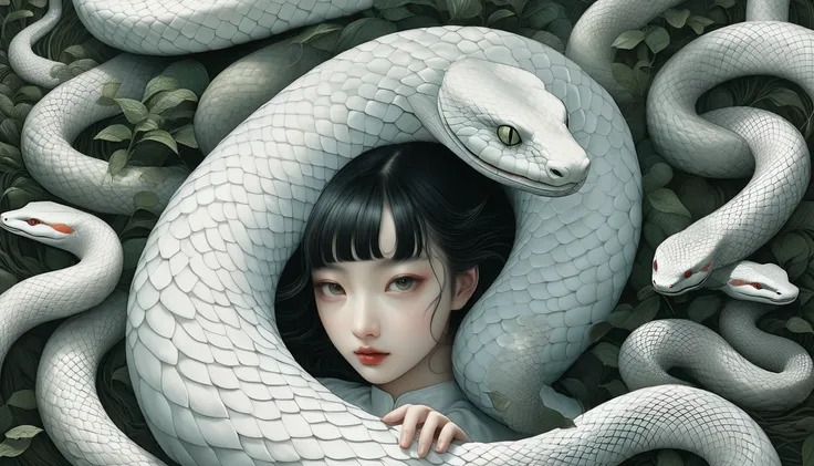 An illustration、art、Horror, Supervised by Junji Ito、Attention to detail, Realistic shadows、Analog Style, chromatic aberration, Surrealism、White Snake