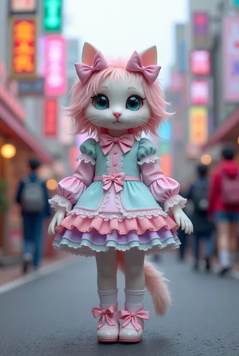 Super realistic cat wearing pastel colored lolita clothes, with a wig like the curly hair of a porcelain doll, wearing doll style shoes and cute white socks, The setting is in Harajuku