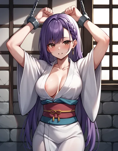 score_9, score_8_up, score_7_up, score_6_up, score_5_up, score_4_up, source_anime, 1girl, middle breast, purple hair, long hair, braid, brown eyes, w-w-chain, shackles, raise arms, kimono, day, dungeon, best quality, best res, 4K UHD,
 