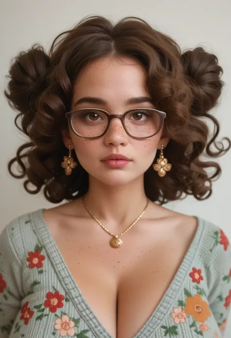 Young MILF, messy brown hair, curly hair worn in 2 twin loose buns with free strands framing her face, freckled face, lots of freckles, extremely thin metal frame glasses, hourglass figure that strains her clothes but just slightly, thick purple cotton swe...